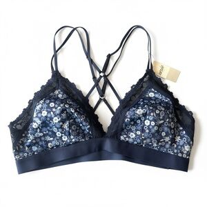 Aerie Floral Lace Strappy Bralette Navy Blue Size M NWT